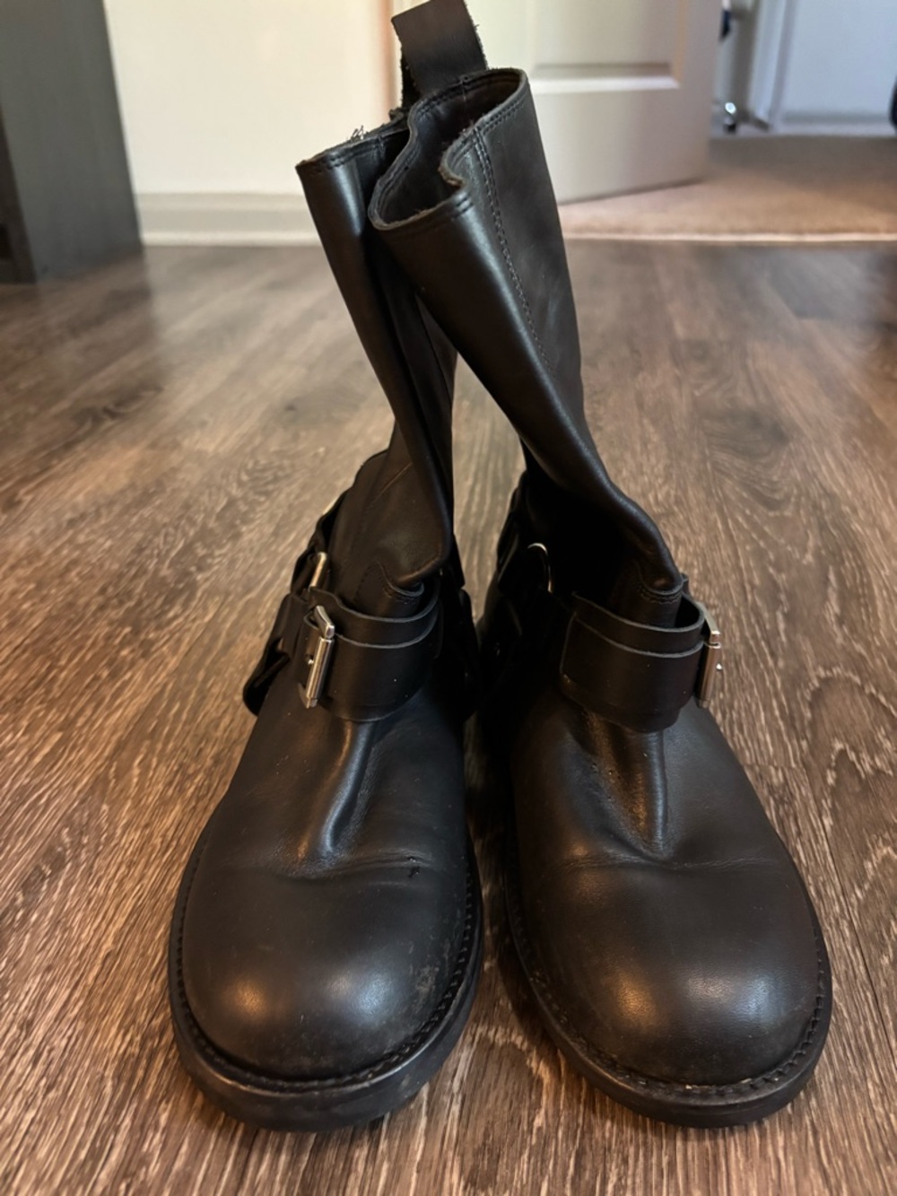Black Leather Mid-Calf Buckle Boots